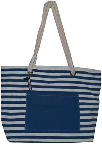 High Fashion Print Beach Tote Bag with Outside Pocket and Rope Handles *Can Be Personalized (Blank, Navy Stripe)