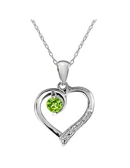 Green Peridot and White Diamond Sterling Silver Heart Shape Pendant with Chain
