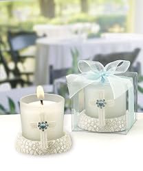 Glass Candle Holder with a Cross and Blue Rhinestone