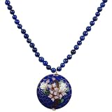 Gold Plated Sterling Silver Lapis Lazuli Beads with Blue Cloisonne Flat Round Pendant Necklace