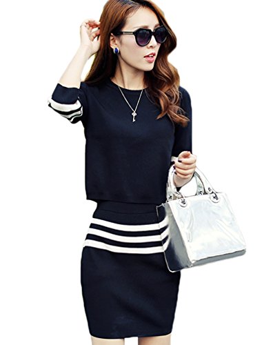 (ディーコッテ)D'Kotte ３ライン セットアップ ボーダー きれいめ ワンピース タイト スカート ひざ 丈 七分袖 レディース neax146