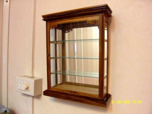 WALL CABINET Glass Teak Curio 1 door Wood Handmade Carved Mountable Shadow Box Display Case Showcase