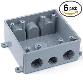 Carlon E382DE T Outlet Box, Weatherproof, 2 Gang, 4.62-Inch Length by 4.62-Inch Width by 2-Inch Depth, Gray, 6-Pack