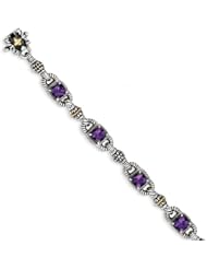 14k Yellow Gold Sterling Silver with Amethyst Antiqued 7.25in Bracelet