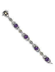 Sterling Silver W/14ky Amethyst Antiqued 7.25in Bracelet