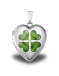 Sterling Silver "Green Four Leaf Clover" Heart Locket 3/4 inch x 3/4 inch