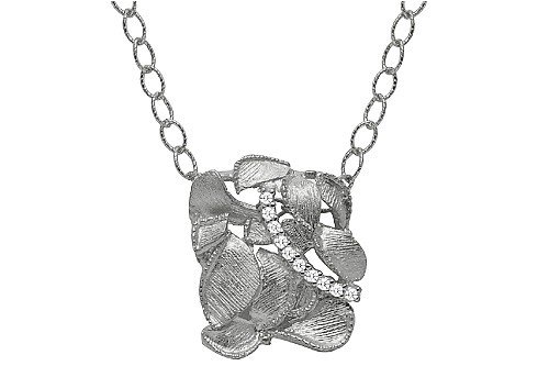 14K White Gold Matte Pendant, Enhanced with Pave Set Diamonds, Sliding on a 16'' Open-link Hammered-Finish Chain Necklace. (0.15 c.t.t.w., GH-Color, SI-Clarity).