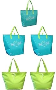 Beach Bag Combo Includes 3 Insulated Aqua Color Tote Bags + 2 Cotton Canvas Shoulder Tote Bag
