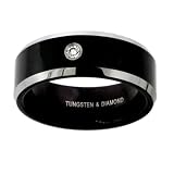 8mm Beveled 2 Two Tone Black Men's Tungsten Carbide COMFORT-FIT 1 Stone 0.07 Carat Diamond Wedding Band Ring (Size 5 to 9)