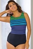 Delta Burke® Sporty Stripe High Neck Swimsuit - Plus Size Swimwear Plus Size Swimsuits