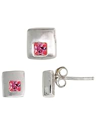 Sterling Silver Matte-finish Square-shaped Stud Earrings (6mm) & Pendant Slide (7mm tall) Set, w/ Princess Cut Pink Tourmaline-colored CZ Stones