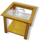 Glass Top End Table - Solid Oak, Fully Assembled - Dolphin Art Etching