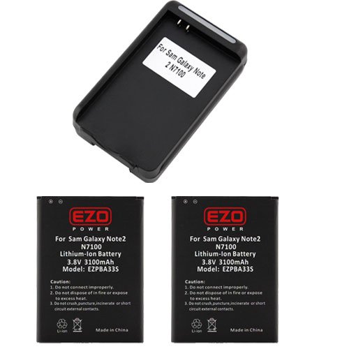 EZOPower 2-Pack Standard Lithium-Ion Replacement Battery - 3100mAh + USB Battery Charger for Samsung Galaxy Note II 2 N7100 (T-Mobile, Sprint, AT&T, Verizon) Android Smartphone