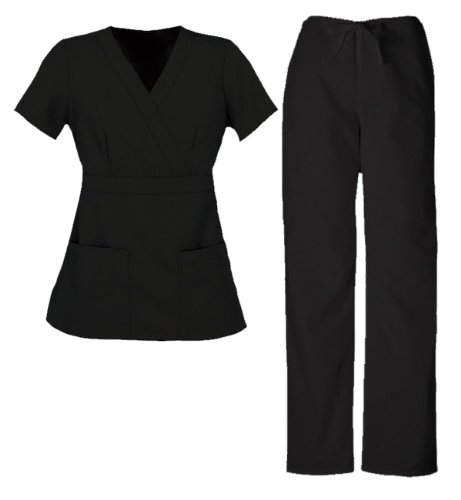 G Med Women's Mock Wrap Missy Scrub Top and Pant 2 PC Sets