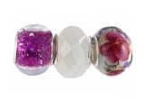 Pandora Style Charm Bead Set (Z254) Glass and Faceted Glass (Fits Troll too) ~ Fuchsia Glitter, Milk White Iridescent and Pink Flower China Teacup
