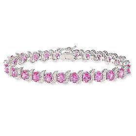 14 1/2 Carat Created Pink Sapphire Sterling Silver Bracelet w/ Diamond Accents