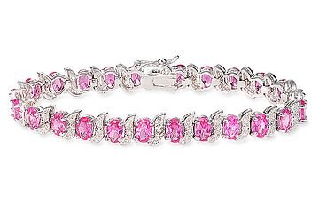14 1/2 Carat Created Pink Sapphire Sterling Silver Bracelet w/ Diamond Accents