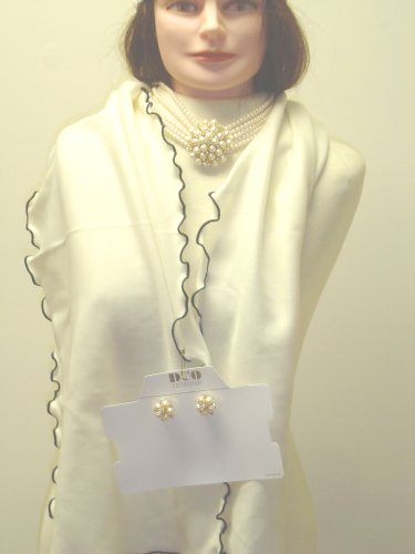 41J7YX2GHKL J701, Hand Trimmed Ivory Cashmere with Black Trim10inches By 70 Inches Scarf for Women and Teens with Pearl and Rhinestone Choker Necklace and Matching Earrings.