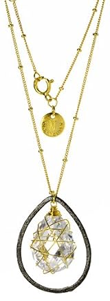 Nina Nguyen Sterling Silver Oxidized Pendant Necklace with Teardrop Frame and Wire Wrapped Teardrop White Topaz Fianit Cubic Zirconia