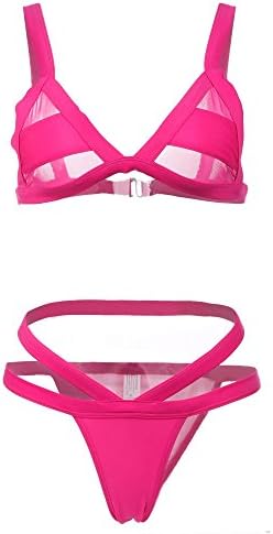 FINEJO Bikini Halter Bandeau Top Hollow Out Hipster Pant Bottom Swimwear Bathing Suit Rose Red M
