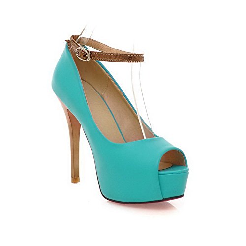 Vogue001 Womens Open Peep Toe High Heel Platform Stiletto PU Soft Material Solid Pumps with Ankle-cuff, Turquoise, 39
