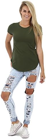 Kjen Women's Short Sleeve Side Slit Round Hem Top (Large, Olive)