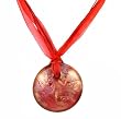 Necklace - N128 - Murano Glass - Round Style ~ Red, Copper and Silver hung on Red 5 Strand Organza and Cotton Cord + 2" Extension Chain