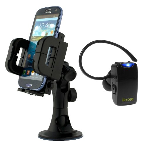 iKross Car Windshield Large Black Mount Holder + Mini Bluetooth Headset for Blackberry, LG, HTC, Samsung, Pantech, Huawei, Motorola, Cell Phone, Smartphone, Unlocked Phone, Mobile Phone, and More