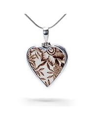 Vintage Gustavsberg Porcelain (Asiatic Pheasants Pattern) and 925 Sterling Silver Pendant, Mahogany Floral Design, Heart Shaped