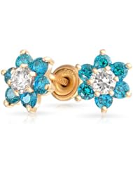 Bling Jewelry 14k Gold Flower Screwback Earrings Baby Studs Aquamarine Color CZ