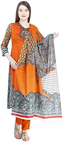Uptowngaleria Women's Pakistani Cotton Lawn Salwar Suit Set With Dupatta M Orange