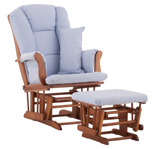 Stork Craft Custom Tuscany Cognac Finish Glider and Ottoman with Free lower lumbar pillow, Blue Cushions