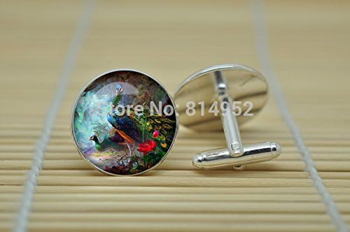 Pretty Lee Peacock Jewelry Cufflinks In Silver Glass Cabochon Cuff Links C0752