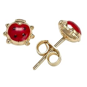 14k Yellow Gold Italian Enamel Lady Bug Earrings
