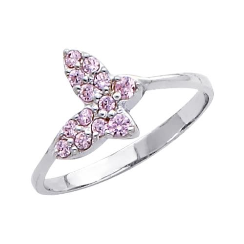 14K White Gold Pink Butterfly Round-cut CZ Cubic 