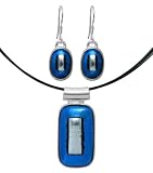 Sterling Silver Dichroic Glass Bezel-Set Light Blue and Silver Rectangle Pendant and Earrings Set, 18"