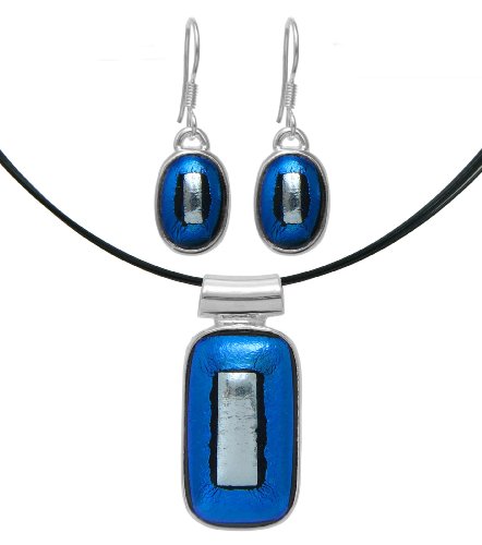 Sterling Silver Dichroic Glass Bezel-Set Light Blue and Silver Rectangle Pendant and Earrings Set - 18