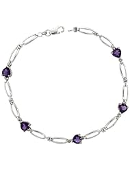 10k White Gold Heart Tennis Bracelet w/ 0.05 Carat Brilliant Cut Diamonds & 2.50 Carats Heart Cut Amethyst Stones, 3/16 in. (5mm) wide