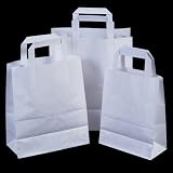 25x White Paper Carrier Bags with Flat Handles - 18cm x 23cm x 9cm
