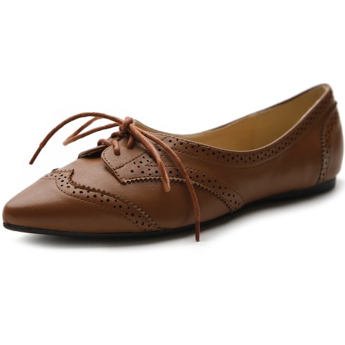 Ollio Women's Ballet Pointed Toe Flat Lace up Oxford Shoe
