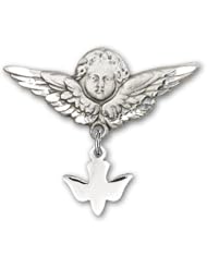 Sterling Silver Baby Badge with Holy Spirit Charm and Angel with Wings Badge Pin