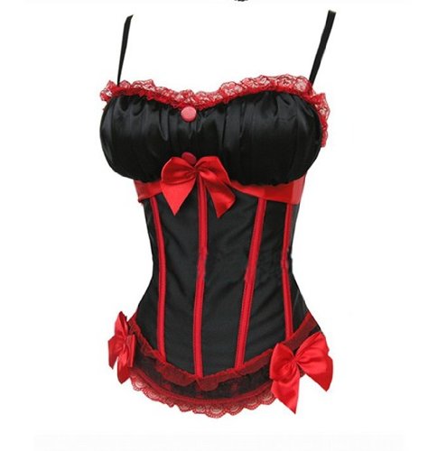 Black Satin Corset With Red Lace Trim & Panty
