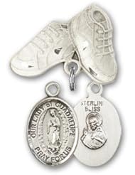 Sterling Silver Baby Badge with Our Lady of Guadalupe Charm and Baby Boots Pin