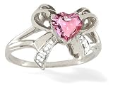 14K White Gold Heart Created Pink Sapphire and Diamond Bow Ring