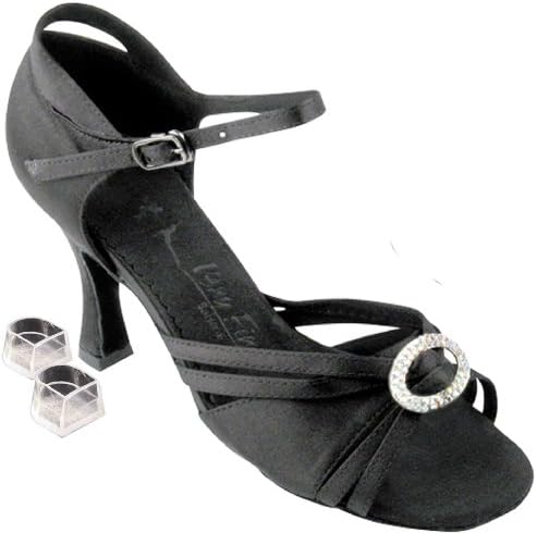 Very Fine Women's Salsa Ballroom Tango Dance Shoes Style SERA1154 Bundle with Plastic Dance Shoe Heel Protectors, Black Satin 7.5 M US Heel 2.5 Inch