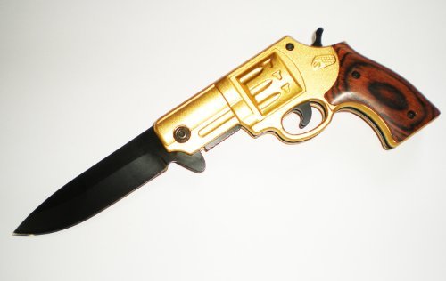.44 Mag GOLD Revolver Black Blade Wood Handle ASSISTED OPENING GUN POCKET KNIFE