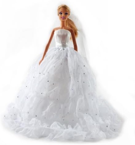 Barbie Small Silver Sequins Lace Wedding Gown, Bride Barbie Dress - Dolls NOT Included