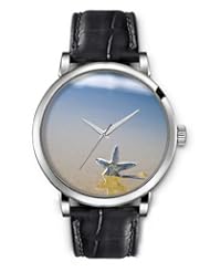 SPRAWL Aanalog Fashion Series Silver Ladies Watches of Genuine Black Leather Strap,Unique Wrist Watch for Women Girls Designed with L Starfish on sand