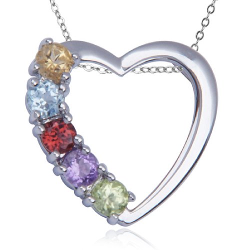 41JAxVo0F4L Rhodium Overlay Sterling Silver Multi Gemstone Heart Pendant, 18