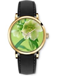 SPRAWL Aanalog Fashion Series Gold Ladies Watches of Genuine Black Leather Strap,Unique Wrist Watch for Women Girls Designed with white flower